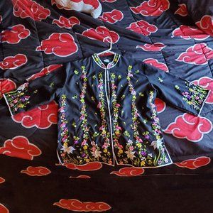 Caro of Honolulu Vintage Floral Embroidered Mandarin Collar Blouse, Size 16 (XL)